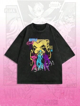 Winx Club X ROMWE T-shirt à manches courtes d'été pour hommes, imprimé portrait de dessin animé, décontracté