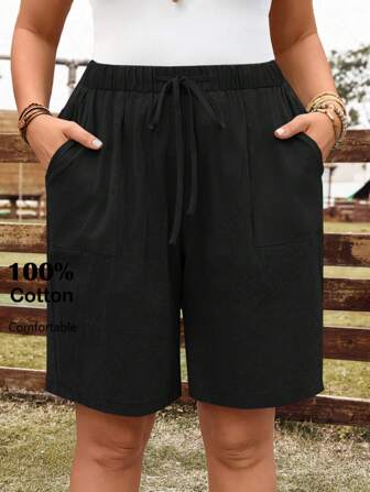 EMERY ROSE Plus Size Women Solid Color Tie-Waist Pockets Casual Shorts