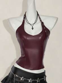 SHEIN ICON Women's Solid Color Minimalist Sleeveless Spaghetti Strap Backless PU Leather Y2K Holiday Party New Year Crop Top, Casual Everyday Wear, Wine Red,Rave Top