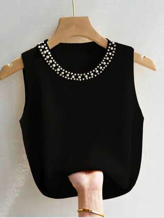 SHEIN Privé Damer Casual Knit Faux Pearl Beaded Rund Neck Linne