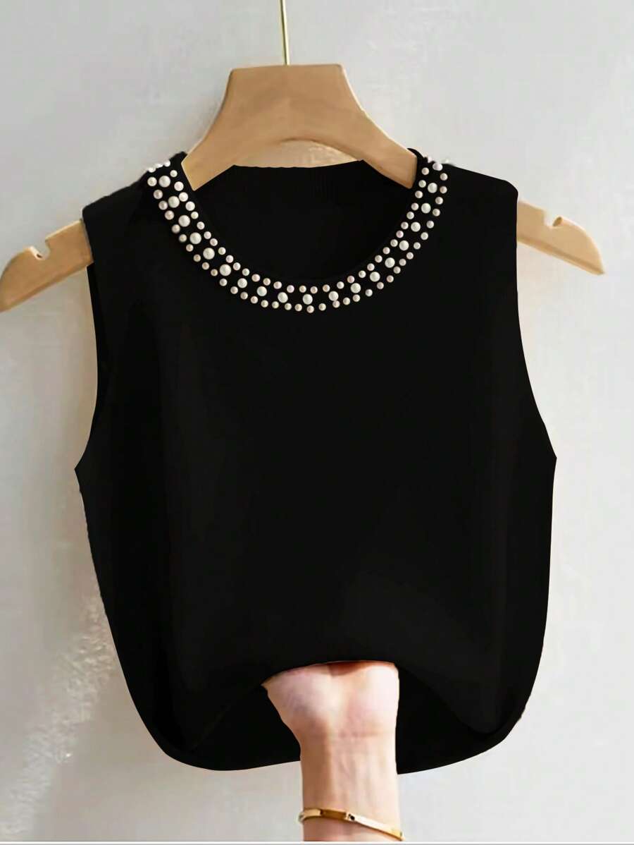 SHEIN Privé Women's Casual Knit Faux Pearl Beaded Round Neck Tank Top - Black - View 1