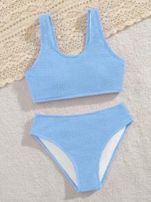 SHEIN Conjunto de bikini modesto para niñas preadolescentes, traje de baño de tejido de punto con textura de ola, para vacaciones, natación y playa en verano - Azul - Ver 5