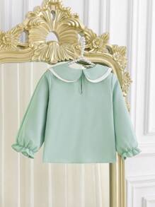 Young Girl Colorblock Floral Collar Ruffle Sleeve Blouse, Suitable For Daily Wear And Friendly Gatherings/Parties, Autumn/Spring
