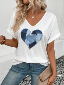 SHEIN VCAY SHEIN Women's Casual V Neck Short Sleeve Cuffed  Blue Heart Graphic T-Shirt - White - View 3