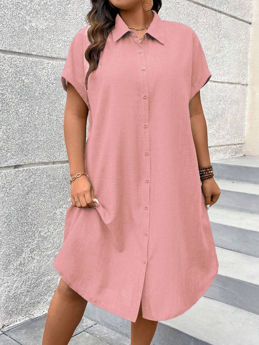 SHEIN LUNE Váy sơ mi tay ngắn màu trơn cỡ lớn cho nữ, trang phục Maxi cho Giáng sinh dành cho nữ - Màu Hồng  Dưa hấu - Xem 1