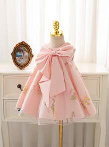 Glamorique Kids Flower Girl Children Girls Princess Dress, Satin Material Sleeveless Fresh Pink, Big Bow Front & Embroidered Butterfly Branch Hem, Suitable For Wedding, Birthday, Party & Special Occasion Baby Girls Dresses Party Dress Fashion Elegant Toddler Girls Baby Girls Party Dresses
