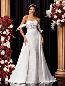 Glamrae Vestido largo de encaje y satén con bordados, escote hombros descubiertos, lazo y diseño de cola de sirena con vuelo extra, apropiado para boda, fiesta, luna de miel, novia - Beis - Ver 5