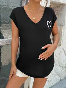 SHEIN Summer Outfits - Heart Print Batwing Sleeve Tee, Maternity T-Shirts, Pajama, Loungewear, Sleepwear, Tank Top With Bra, Underwear & Sleepwear, Pajama Set - Black - View 3