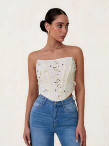 Glamine Floral Embroidery Mesh Asymmetric Ruffle Hem Bandeau Corset Top For Women - Apricot - View 5