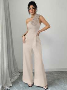 Rafferiza Tuta elegante da donna a colore uniforme, con colletto asimmetrico e fiori 3D, aderente