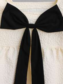 Tween Girl 休闲优雅可爱韩版泡泡袖蝴蝶结撞色黑白衬衫 - 黑與白 - 查看 3