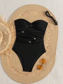 SHEIN Swim Traje de baño de una pieza elegante para mujer con diseño de estilo de dos maneras, unicolor sin tirantes con tirante desmontable + top tubo, decoración de metal con laser cut, para el verano y la playa - Negro - Ver 7
