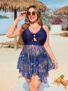 Swim Lushoire Top de tankini de talla grande con estampado de hojas tropicales y volantes en el bajo, con Bottom a juego