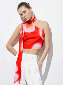 SHEIN Privé Novo estilo sexy europeu e americano sem costas halter assimétrico drapeado tie-dye impresso top curto ajustado - Multicolorido - Ver 5