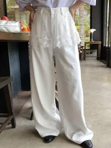 DAZY Women's Lace Splice 2 In 1 Skirt, Decorated Casual Straight Leg Loose Pants - White - View 3
