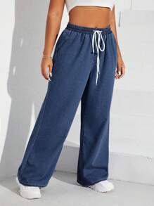 SHEIN EZwear Plus Size Casual Daily Slant Pocket Drawstring Waist Denim Jeans - Dark Wash - View 5