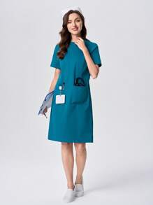 Scrubzie Women Crew Neck Short Sleeve Maxi Nurse Dress For Summer - Blue - View 6