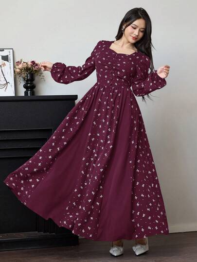 Modelyn Robe longue du soir pour femmes avec nœud surdimensionné, imprimé floral et superposition de patchwork