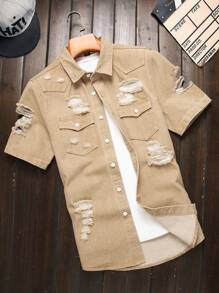 Manfinity Homme Men's Casual Distressed Washed Denim Shirt Men's Casual Shirts - Khaki - View 1