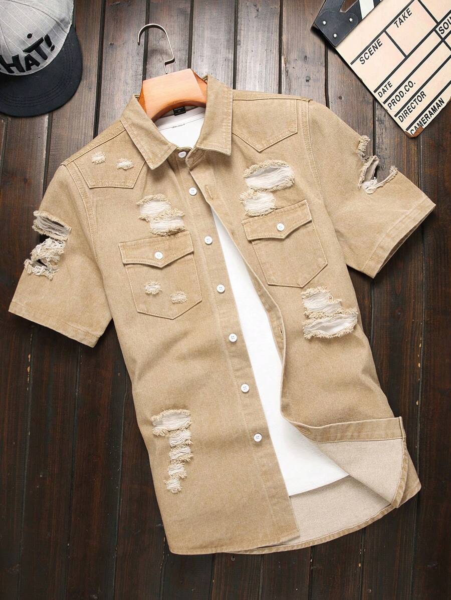 Manfinity Homme Men's Casual Distressed Washed Denim Shirt Men's Casual Shirts - Khaki - View 1