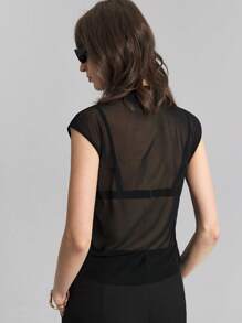 Ontre 2025 Spring Summer Women's Simple Solid Mesh Sheer Mock Neck Sleeveless T-Shirt/Camisole Tank Top/Vest, Black See-Through Summer Top, Elegant & Sexy,See Through Top,Christmas, New Year - Black - View 2