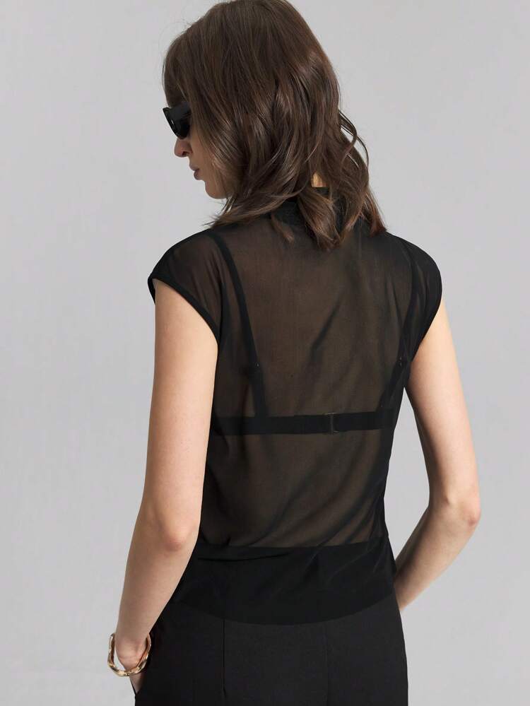 2026 Spring/Summer New Arrival Women's Simple Solid Color Sheer Mesh Turtleneck T-Shirt, Sleeveless Vest, Black See-Through Tank Top, Elegant Blouse, Sexy Top, Suitable For Graduation Ceremony