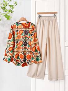 Rusticease 2 件套女士全身印花缺口领短袖上衣和纯色松紧腰裤女士假日撞色印花优雅休闲宽松上衣阔腿裤套装抹胸和裤子套装女士夏装女士两件套假日连衣裙女士假日两件套波西米亚风格女装 - 彩色 - 查看 3