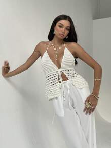 Aloruh New Fashion Sexy Halter Vintage Crochet Beach/Vacation Hollow-Out Deep V-Neck Backless Vest - Apricot - View 4