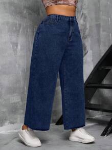 SHEIN SXY Plus Size Women High Waisted Non-Stretch Denim Wide Leg Pants With Side Slit Summer Outfits For Women Festival Outfits - Light Wash - View 5