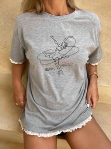 DAZY T-shirt da donna con scollo rotondo, stampa ritratto, inserti in pizzo a contrasto e maniche corte, maglietta grafica estiva - Grigio - Visualizzare 1