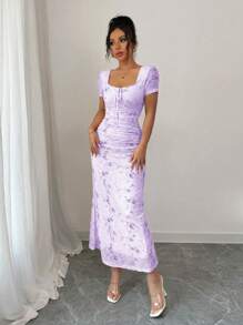 Elenzga Women's Elegant Romantic Sexy Floral Print Mesh V-Neck Bow-Tied Ruched Bodycon Dress, Suitable For Spring & Summer, Valentine's Day - Mauve Purple - View 5