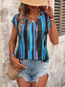 EMERY ROSE 女士时尚短袖 T 恤，彩色条纹印花图案 T 恤，女士上衣 - 彩色 - 查看 3