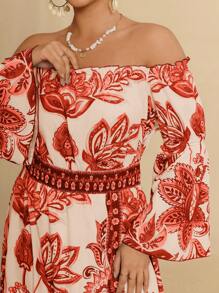 Travachic Plus Size Casual Resort Style Blue & White Floral & Print Off Shoulder Tie Up Ruffle Hem High Slit Dress For Women, Spring & Summer - Red - View 3