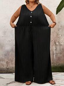 SHEIN CURVE+ Plus Size Women's Black Clothing Texture Crepe Vest Jumpsuit, With Bow Waist And V-Neck Jumpsuit, Long Pants, Curve Plus, Boho Vacation Beach Outfits For Woman/Beach Dress/Beach Vacation Outfits/Beach Essentials / Graduation/Tea Party Dress - Black - View 6