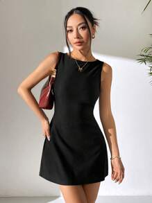 SHEIN EZwear Váy ngắn hở lưng dệt không tay màu đen dành cho nữ - màu đen - Xem 7
