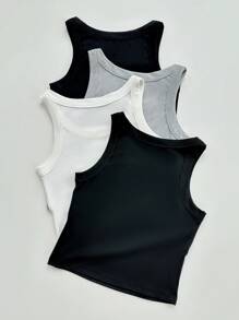 SHEIN Set de 4 piezas de camisetas de tirantes acanaladas de estilo americano para mujeres, para el verano - Multicolor - Ver 2