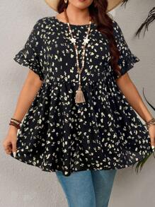 EMERY ROSE 大码休闲度假风格荷叶边袖全身印花衬衫，夏季，热带度假 - 黑色 - 查看 1