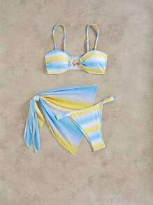 SHEIN Swim Women's 3-Piece Swimsuit Set With Detachable Straps, Fashion Gradient Print With Mesh Overcover, Ocean Shell Decor, Sexy Beach Vacation