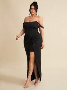 SHEIN BAE Große Größen Midi-Kleid mit Fischgrätenstruktur und Wickeloptik in Schwarz für Damen, Frühjahr/Sommer, Kleid mit Twist-Knoten-Vorderseite und Teilungsfalten, Minikleid für Abschlussball, dehnbares Minikleid, Kleid im französischen Stil, Abendkleid, Geburtstagskleid, Brautjungfernkleid, elegantes Alltagskleid, Hochzeitsgast-Kleid, Brautjungfernkleid, Partykleid, Korsage-Kleid - Schwarz - Übersicht 7