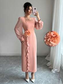 Modelyn French Elegant Fitted Floral Print Square Neck Slimming Dress - Pink - View 1