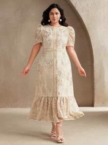 Anewsta Elegant Textured Apricot Short Sleeve Crew Neck Dress, Spring/Summer - Apricot - View 7