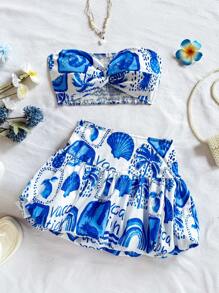 Soleia Bộ 2 món váy xòe họa tiết hàng hải màu xanh và trắng ngày lễ dành cho nữ và áo xoắn phía trước - Xanh và trắng - Xem 3