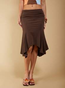 COSMINA Women's Elegant Brown Asymmetrical Ruched Skirt, Suitable For Spring & Summer Vacation Women Skirt - Brown - View 7