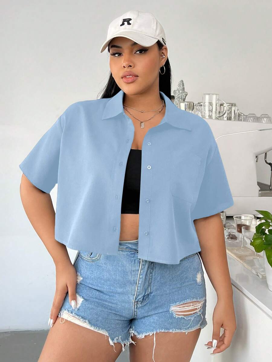 SHEIN EZwear Plus Size Blue Woven Loose Casual Short Sleeve Shirt For Summer - Blue - View 1