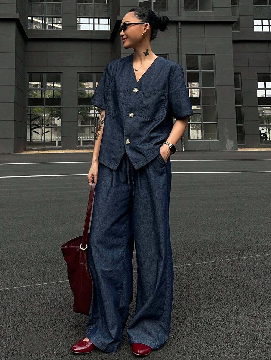 DAZY Women's V-Neck Denim 2 Pieces Suit Set, Spring/Summer