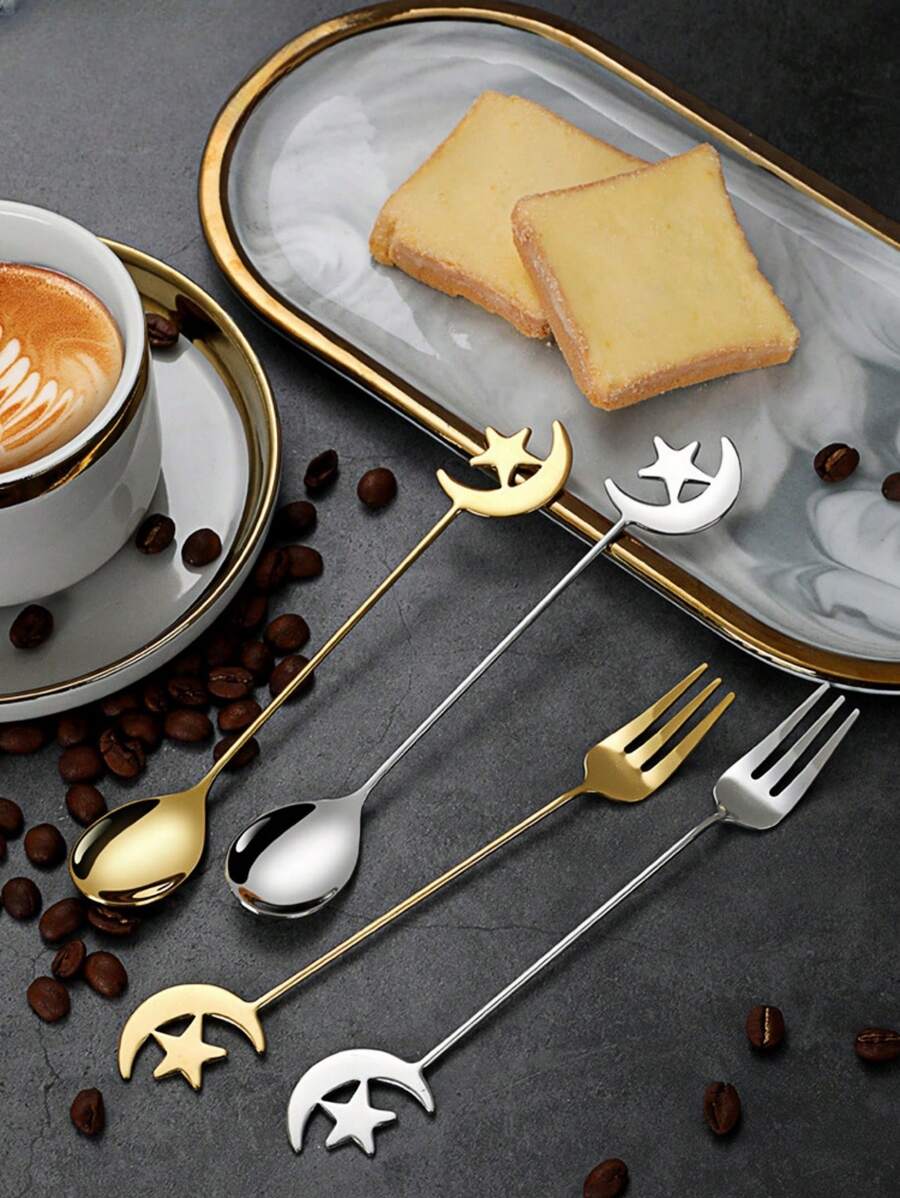 2 Pieces/Set Stainless Steel 304 Honey Dessert Spoon Stirring Spoon Coffee Spoon Stars And Moon Spoon Fork With Ceremonial Cutlery Spoon - Multicolor - View 1