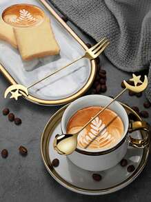 2 Pieces/Set Stainless Steel 304 Honey Dessert Spoon Stirring Spoon Coffee Spoon Stars And Moon Spoon Fork With Ceremonial Cutlery Spoon - Multicolor - View 3