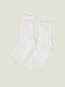 Muvela Ins 款式荷叶边波纹网眼夏季薄款袜子，白色玛丽珍中筒袜 - 白色 - 查看 1