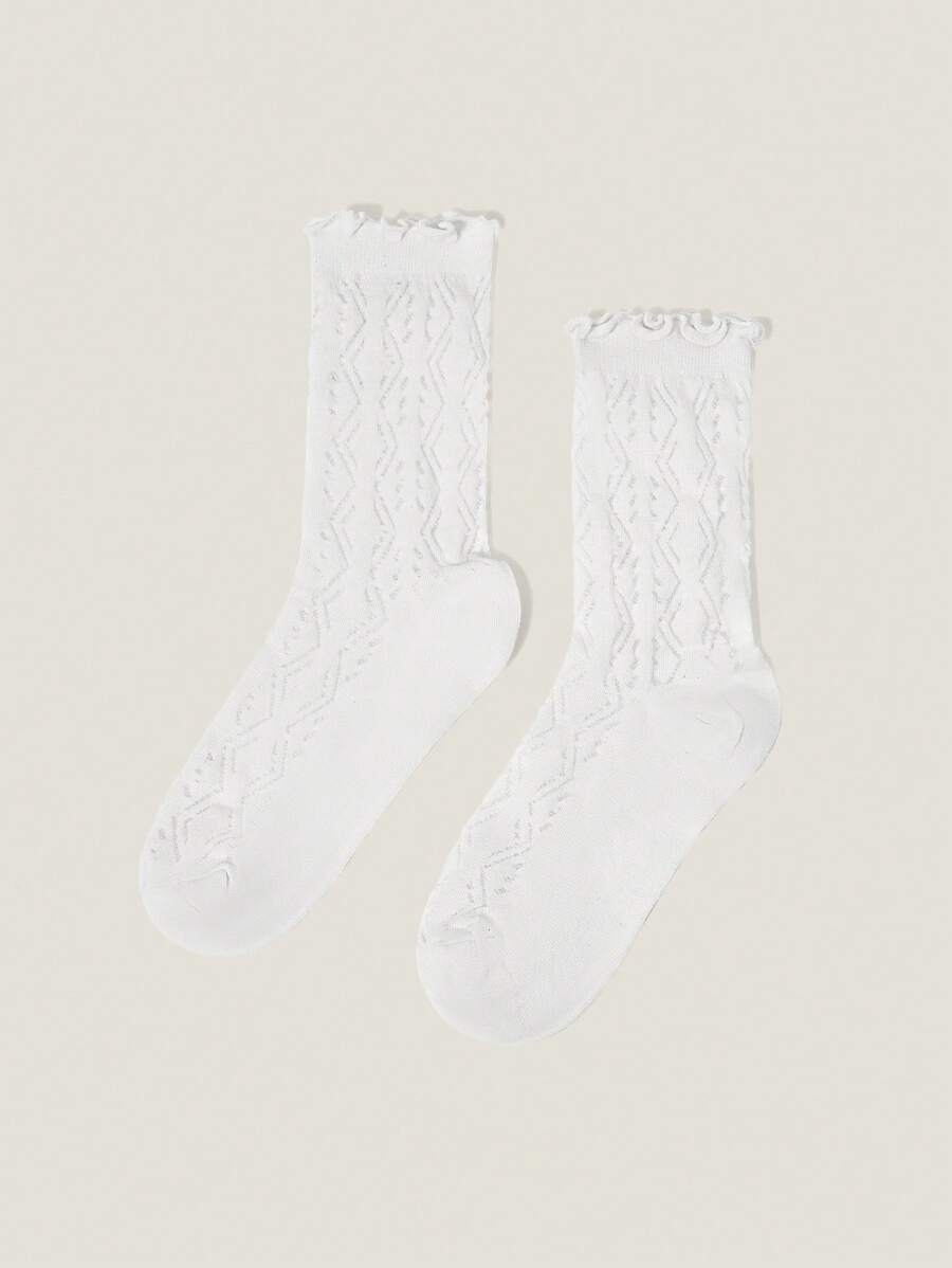 Muvela Ins 款式荷叶边波纹网眼夏季薄款袜子，白色玛丽珍中筒袜 - 白色 - 查看 1