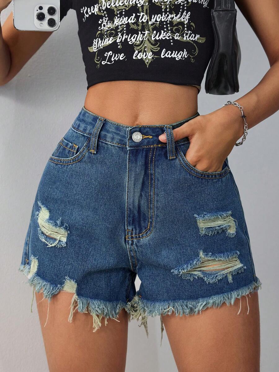 SHEIN Essnce Casual Washed Ripped Fray Hem Denim Shorts - Dark Wash - View 1